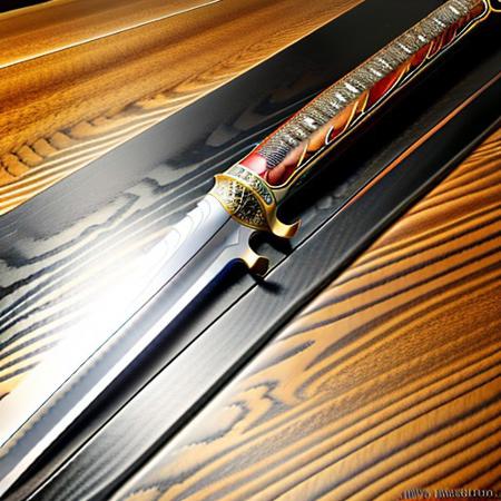 damascus steel sword collection, conducting wooden electricity, 8k extreme detail, on a carbon fiber table,  realistic, perfect, no mistakes, amazing, epic, vibrant colors,