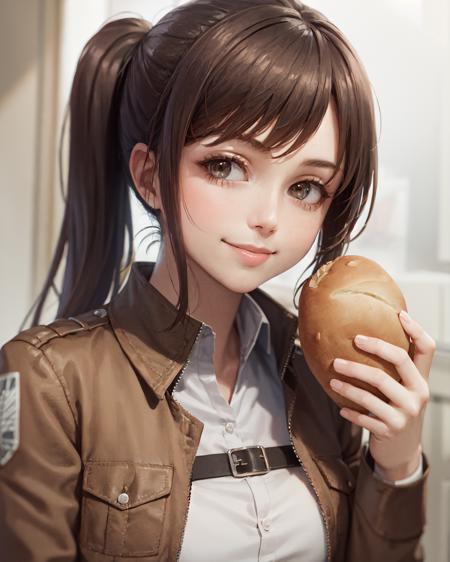 (masterpiece, best quality:1.2), <lora:aot_sasha-10:0.8>, upper body, solo, 1girl, sasha braus, smile, looking at viewer, holding food, bread, smile, paradis military uniform, jacket