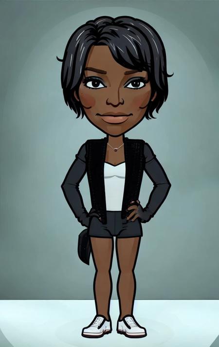 (MichaelaCoel:1.1), bitmoji_style, bitmoji style, bitmoji, 1girl, solo, looking at viewer, smile, black hair, standing, full body, shoes, dark skin  <lora:MichaelaCoel:1>