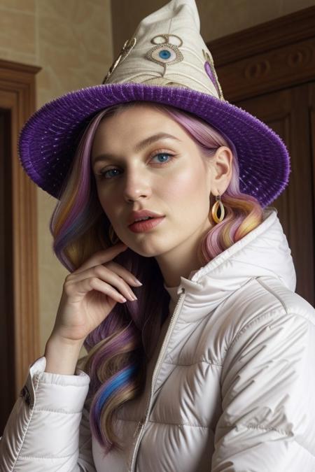 score_9, score_8_up, score_7_up , 1female, 35 years old, solo, close-up portrait, blush, happy, blue eyes, beautiful, mature female, blonde hair 
,purple hair, realistic, circlet, necklace, earrings, diabellze, multicolored hair, witch hat, white coat, white bodysuit, multiple belts, extra decorations, living room.