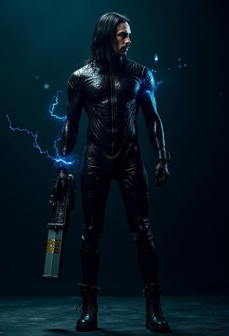 futuristic hellish heaven in dark megastructure, dark void background, epic main dark scifi film protagonist portrait, blame! by tsutomu nihei, hr giger, epic actionscene, cinematic grain, thin tall 25 year young german man, emo scene young, long black emo haircut sideparting, short beard stubble, loves alternative heavy metal rock music, eyeliner, thin pale rough german face with stubble, wearing a skintight black leather-latex suit, cables and wires connection on the suit, highheel boots, cybernetic implants and bodymods, wielding an analogue scifi silver square handcannon with golden stripes, dynamic fullbody shot, blueish electric energy buzzing through and around character as the gun charges up, upwind