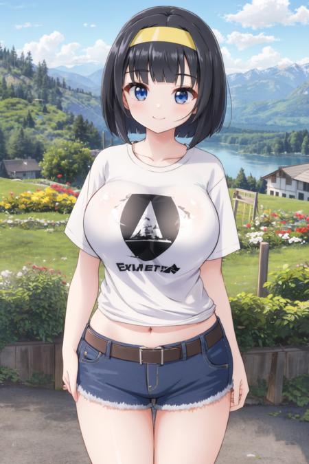 <lora:moralgear3-10:0.6>, 1girl, large breasts, smile, bob cut, black hair, blue eyes, mountain, outdoors, wide hips, t-shirt, short shorts, belt, headband