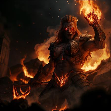 highly detailed cinematic photo of a fire giant, ((1girl)), chainmail, magic, 
flaming eye,  glowing eyes, molten rock, muscular,  orange hair, red hair, open mouth, holding weapon, breasts, scar, lips, 

(full body:1.2),

realistic, depth of field, blurry background,

mountain on fire,

photorealistic,
analogue photography,
low key lighting,
