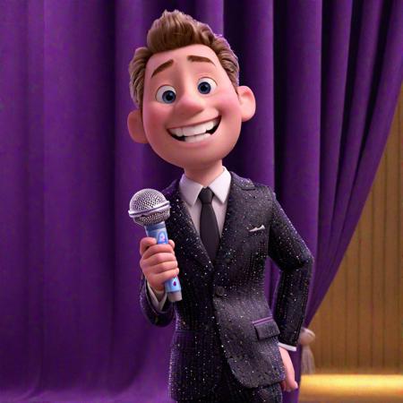 3d Pixar .  arrogant young man in a silver-black checker suit with a sparkling big smile where his teeth are so bright as if it was a advertisement for toothpaste.  the teeth gives a twinkel.  Microphone in his hand. Background dark purple stage curtains. Pixar style