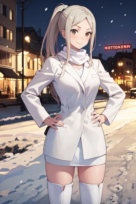 masterpiece, best quality, absurdres, perfect anatomy, 1girl, solo, KotoneNoda, ponytail, white coat, white shirt, white pencil skirt, white scarf, white thigh boots, hands on hips, outdoors, snow, city scene, smile, <lora:KotoneNoda:1>