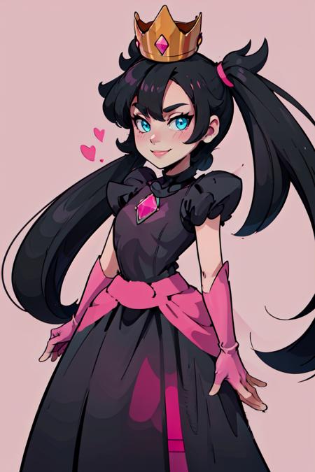 ShadowQueenMarnie, black hair, twintails, asymmetric bangs, crown, black dress,  pink gemstone, pink gloves, pink waist bow, 