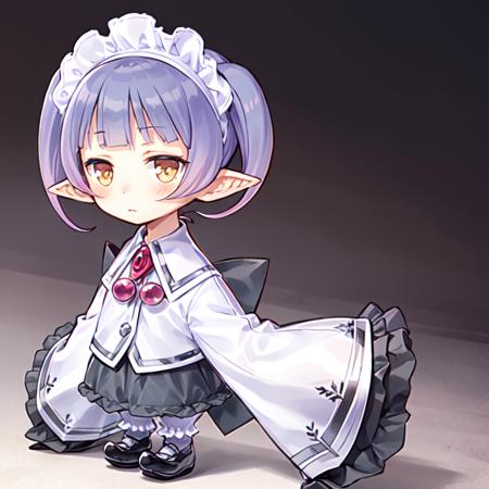 femalechim, 1girl, solo, masterpiece, best quality, pointy ears, maid headdress, purple hair, sleeves past wrists, white background, full body, chibi, simple background, blush, shoes, bow, jewelry, <lora:chimfemale1a-000014:0.8>