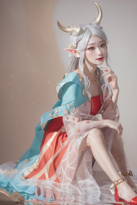 masterpiece, best quality,
solo,blush,
full body, 
1gir,yaoyao,silver hair,dress,pointy ears,blue capelet,white horns,bow,
sitting, looking at viewer, 
white simple background, 
<lora:yaoyao_v0.4:1>