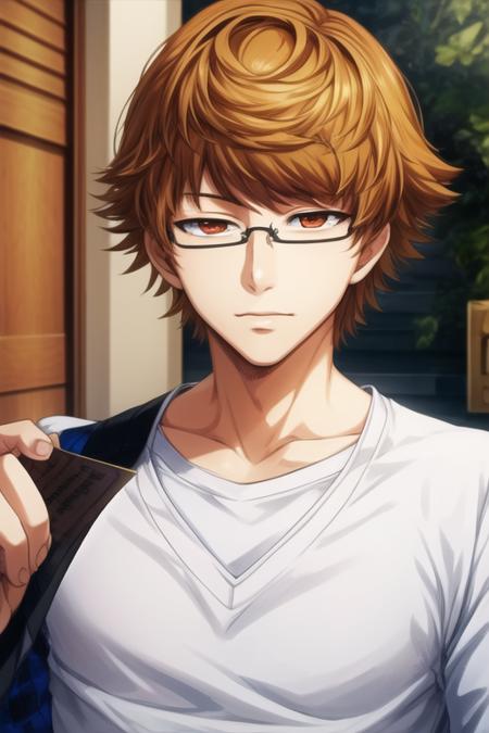 masterpiece, best quality, wallpaper, 1boy, solo, male focus, looking at viewer, upper body, , <lora:nishiki_nishio:0.76>, nishiki_nishio, brown hair, brown eyes, glasses, , , HD-DVD