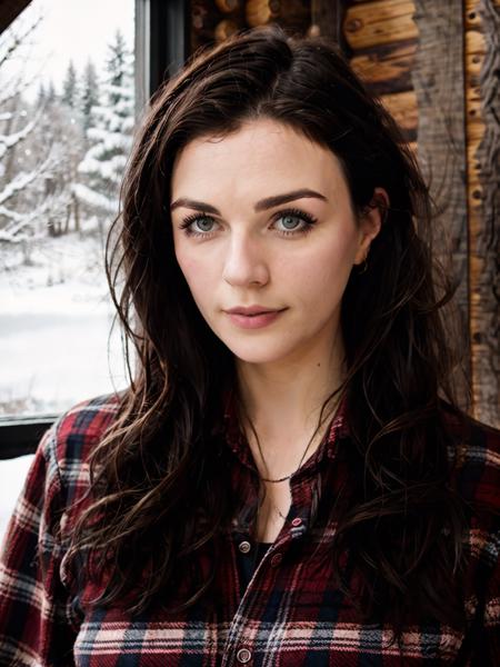 RAW, analog style, A stunning portrait of a beautiful woman, Aisling Bea, plaid blouse, (highly detailed skin), log cabin background, fireplace, snow outside window, sharp focus, 8k UHD, DSLR, high quality, film grain, Fujifilm XT3 <lora:epiNoiseoffset_v2:1> <lora:Aisling-Bea-v10:0.7>