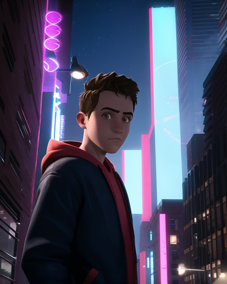 spiderverse style, masterpiece, best quality, 1boy, brown eyes, brown hair, closed mouth, detailed background, looking at viewer, shirt, short hair, outdoors, solo, upper body, hoodie, neon lights, night, sky, city  <lora:spiderverse_style_offset:1>