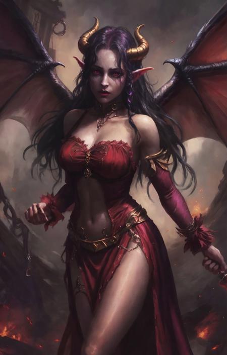 zrpgstyle, tiefling human devil hybrid winged succubus (masterpiece:1.2) (illustration:1.2) (best quality) (detailed) (intricate) (8k) (HDR) (wallpaper) (cinematic lighting) (sharp focus)