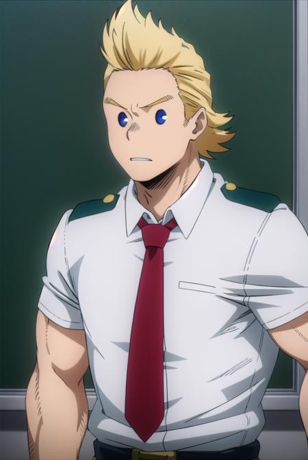 mirio, <lyco:mirio-lyco-nochekaiser:1>,
mirio, short hair, blonde hair, spiked hair,
BREAK shirt, school uniform, white shirt, necktie, collared shirt, belt, pants, red necktie, green pants, u.a. school uniform,
BREAK looking at viewer, upper body,
BREAK indoors, classroom,
BREAK <lyco:GoodHands-beta2:1>, (masterpiece:1.2), best quality, high resolution, unity 8k wallpaper, (illustration:0.8), (beautiful detailed eyes:1.6), extremely detailed face, perfect lighting, extremely detailed CG, (perfect hands, perfect anatomy),