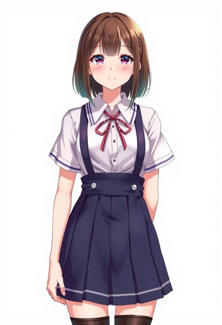 eva school unifrom, 1girl,Emily Willis, solo, tokyo-3 middle school uniform,  shirt, short sleeves, suspender skirt, neck ribbon,, ultra detailed, masterpiece, best quality, aesthetic, detailed,