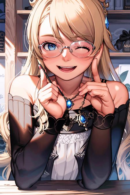 masterpiece, best quality, <lora:navia:1>, <lora:comiclo:1>,
1girl, blonde hair, one eye closed, blue eyes, solo, virtual youtuber, tongue, jewelry, tongue out, heart, long hair, emoji, pink sweater, hair ornament, bow, earrings, necklace, looking at viewer, bangs, pink-tinted eyewear, smile, sweater, heart hair ornament, off shoulder, heart-shaped eyewear, tinted eyewear, sunglasses, pink bow