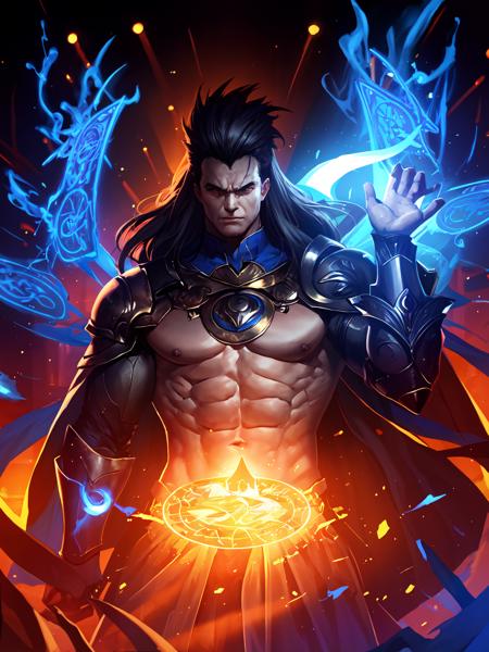 masterpiece,best quality,highres,cinematic lighting,dramatic angle,<lora:ShadowverseRaioV3-000048:0.8> ,1man,matrue male,black hair,dark skin,topless,armor,gauntlets,detached collar,jewelry,beads,glowing,floating objects,blue robe,magic,runes,light particles,portrait,aura,crazy,evil smile,red glowing eyes,angry,teeth,spiked hair,close-up