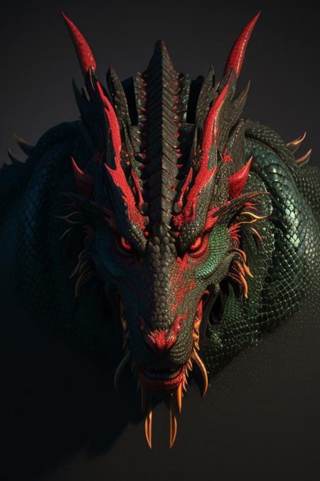 Asian dragon , green, red, gold snake gradient vibrant neon colour, rough, textural, broad brush strokes, red color prominent detailed, alienzkin, silhouette, spotlight, dark theme, c4d, blender, raytracing, unreal engine 5, render 3d, face close up,  from above,