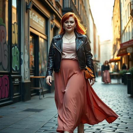masterpiece portrait of young obese red-haired British woman::1.4, modern street fashion style::1.2, cinematic realism art::1.1
(physical description: full body shot, soft and obese figure, vibrant red hair in a relaxed mid-length style, expressive and youthful face, fair skin:1.1)
(facial features, expression: poised and confident expression, slight smile, freckles, lightly made-up with warm natural tones:1.0)
(clothing details: cropped faux leather jacket in muted plum, blush pink satin camisole, flowing rose mauve maxi skirt, pale classic low-heeled shoes:1.0)
(accessories: silver necklace and minimalist hoop earrings, stylish leather crossbody bag:0.9)
(background setting: trendy urban street scene—cobblestone or brick sidewalk, graffiti-tagged walls, café seating nearby, street fashion energy in the air:0.9)
(lighting style: golden hour natural light, soft warm highlights with cool shadows, subtle lens flare:0.8)
(composition and camera framing: full body, dynamic mid-stride walking pose, angled slightly from below for added height and presence:1.0)
(emotional tone or theme: vibrant and confident, body-positive street style chic, modern London cool meets classic curves:0.9)
(technical execution: crisp fashion photography texture, subtle motion blur in skirt and hair, well-balanced saturation emphasizing red hair and soft fabrics:0.8)