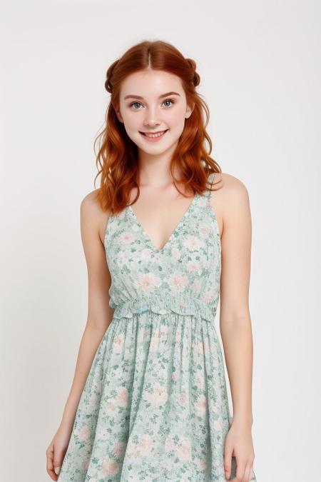 HD, perfect quality, 16k, very detailed,  a beautiful 21yo college girl with ginger hair in an updo, pale skin, wearing a calico floral dress, pink fleckes, green eyes, slim, detailed skin, hair behind ear, smiling proudly, standing in front of white background