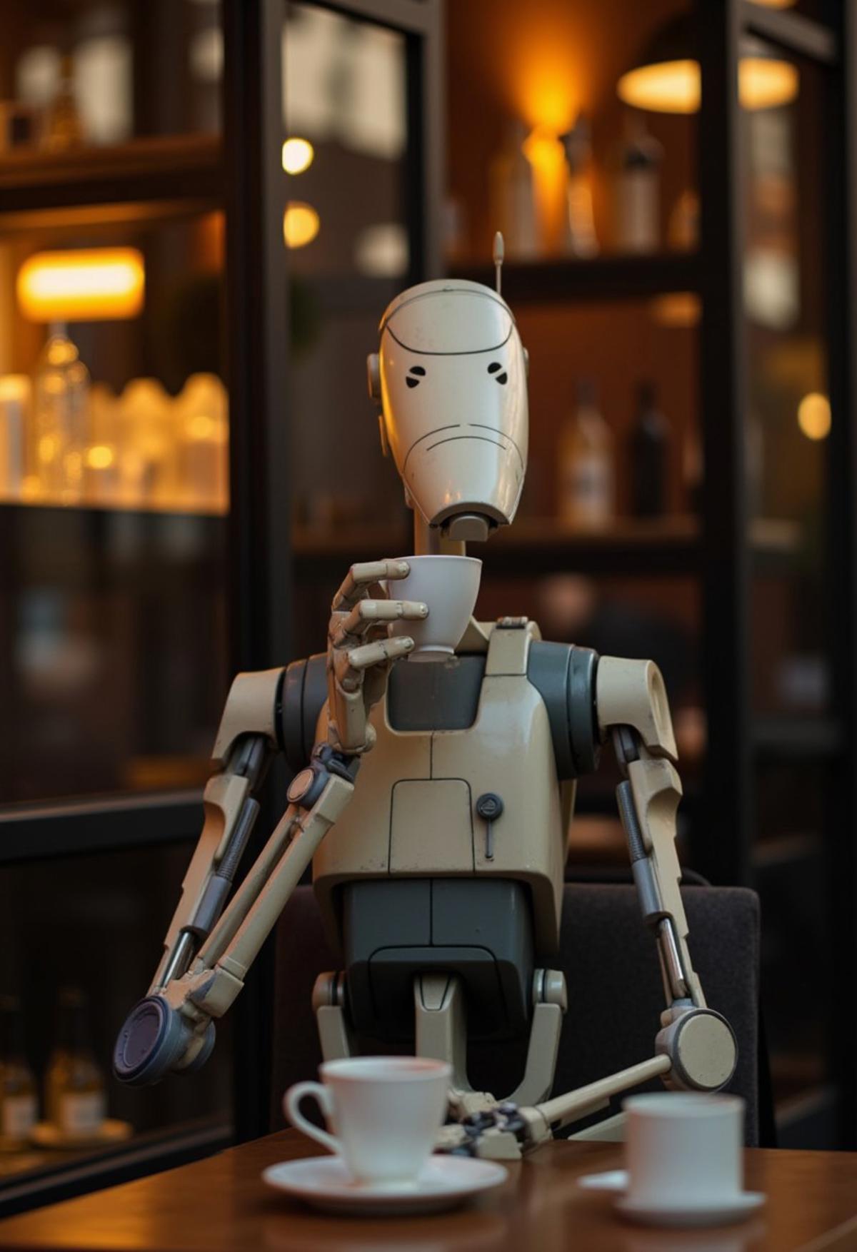 7-B1 droid, drinking coffee, table, outside cafe, morning, london  [reflections, accurate lighting, shadows, realistic, high quality photo, 4k, hd, warm lighting] sunrise