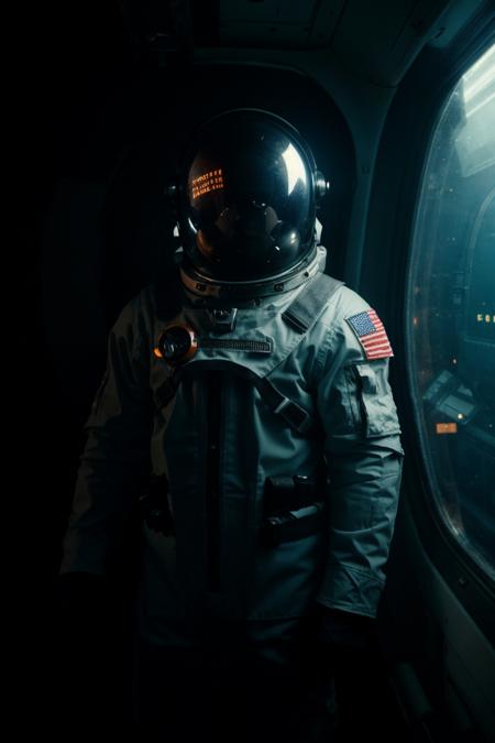 "Lonely astronaut, futuristic, decaying space suit, neon moss and fungi growing on fabric, reflective visor showing distant galaxy, melancholy, isolated on abandoned space station, zero gravity, holographic displays floating around, ultra-realistic texture, LED lighting effects, eerie shadows, Ridley Scott's cinematography style, haunting beauty, 4K resolution, photorealism, deep space ambiance, warm light"  <lora:epiCRealismHelper:1> <lora:epi_noiseoffset2:1> <lora:epiCRealLife:1>