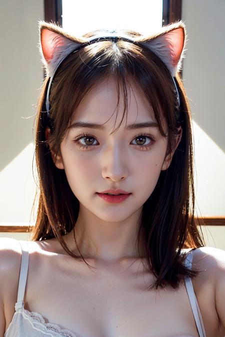 <lora:suehiro_v1:0.6>, suehiro 25 years old , pale skin, slim, cute face, brown eyes, ((white cotton bra)), cat ears,
(detailed eyes features:1.2), (detailed face features:1.2), close up, portrait shooting, smile, look at camera, natural breasts, 
morning, in the farm,
extreme realistic, depth of field, natural lighting, 8k, post-processing, ultra high res, (photorealistic:1.6), (masterpiece:1.3), (RAW photo:1.2), Fujifilm XT3, DSLR, <lora:Arknights-Texas the Omertosa:0.25>