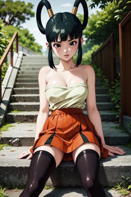 (best quality, masterpiece:1.2), (finely detailed),1girl,,solo, detailed illustration,intricate,yurin,black eyes, chest sarashi,  red skirt, black thighhighs,sitting ,dark green hair,hair rings, cowboy shot,outdoors, sitting, stairs, dirt road, bamboo forest, bare shoulders