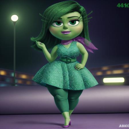 <lora:Disgust:0.75> anatomically correct, masterpiece, best high quality, RAW Photo, perfect anatomy, 4k, quality lighting, detailed hands, detailed feet, detailed eyes, solo, female character, green dress, dark green pants, purple shoes, purple neck scarf, green hair, green skin, thick thighs, wide hips, big breasts, presenting boobs <lora:BGV5EX:1> <lora:add_detail:1>