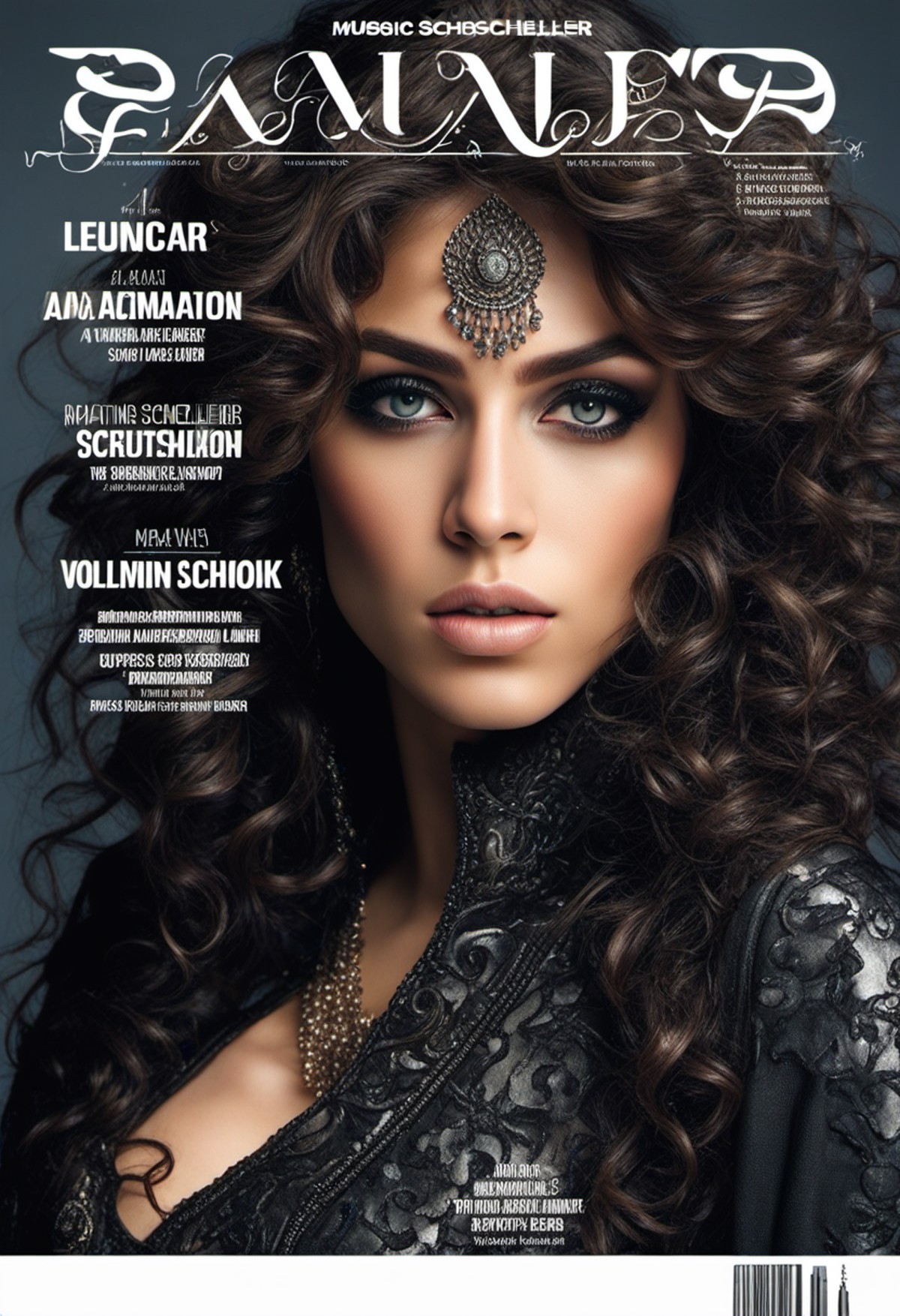 (Music Magazine cover:1.3),(candid 1.3) photo of a vivacious Iranian girl, Striking eyes, voluminous wavy hair,lipgloss, w...