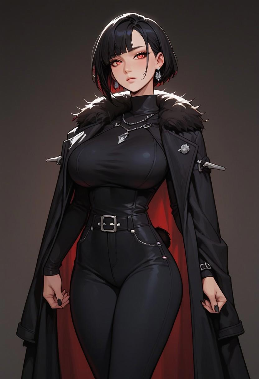 masterpiece,best quality, highly detailed, score_9, score_8_up, score_7_up, score_6_up, score_5_up, score_4_up, Expressiveh,NoireOne, black hair, short hair, twin tail, red eyes, curvy body, goth, huge breasts, curvy body, big ass, standing, tight black jeans, winter leather cloak.