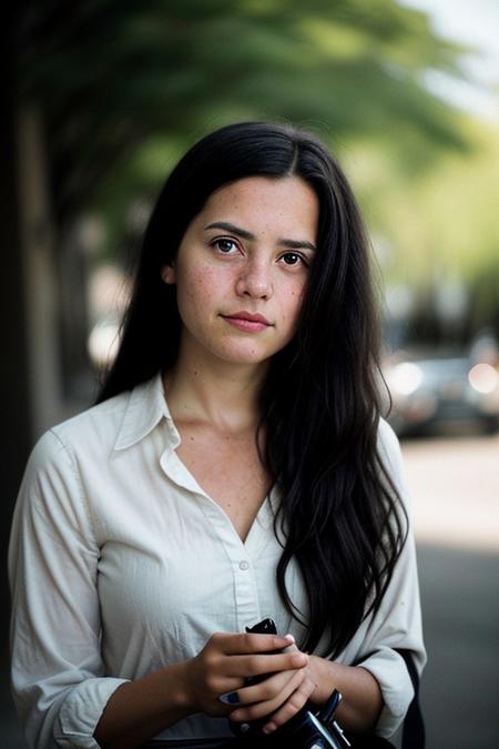 The image portrays a young woman with long, dark hair holding a vintage camera close to her face, partially obscuring one of her eyes. She gazes directly into the lens with an intense, thoughtful expression. The photograph has a distinct cinematic and nostalgic aesthetic, with soft lighting, a grainy texture, and subtle color grading that gives it a vintage, film-like quality.
Subject and Composition
The subject's face is positioned slightly off-center, drawing immediate attention to her sharp and expressive features. Her dark, well-defined eyebrows frame her deep-set eyes, which are slightly shadowed, adding to the introspective mood of the image. Her lips, which are slightly parted and tinted a natural red, contrast subtly with her smooth, pale skin. Strands of hair fall loosely across her face, reinforcing the unposed, organic nature of the portrait.
The camera she holds is an older model, silver and black with a rounded lens, possibly a vintage point-and-shoot film camera. Its reflective surface catches some light, making it a noticeable focal point. Her fingers gently rest on the camera's body, showcasing her relaxed grip, suggesting familiarity and comfort with the device. The camera partially obscures her left eye, creating an artistic and symbolic interplay between the act of capturing an image and being observed.