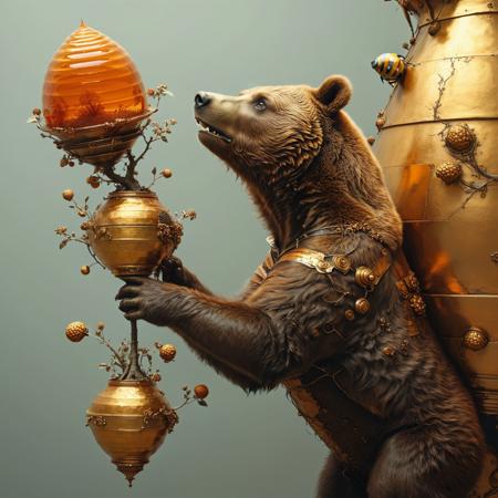 surreal science fiction artwork, bronze, vermilion, elegant, intricate, viewed from side, golden ratio, viewed from the side, bear reaching up to a beehive <lora:xl_more_art-full_v1:0.5> <lora:add-detail-xl:0.75> <lora:MJ52:0.4> <lora:hand 5.5:1>