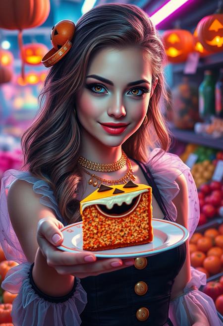 (best quality, masterpiece, ultra detailed, 8K, RAW photo), an oil paintiing of a beautiful student model handing over a plate with a slice of cake in the shape of a jack-o'-lantern to the viewer with eye contact, in the fruites market, in Halloween costume, eye contact,beautiful detailed eyes, lipgloss, kind smile, graceful pose, flowy hair, glowing jewelries, gorgeous gold necklace, fantasy style, soft brush strokes, vibrant colors, delicate features, neon light, Halloween vibes, colorful