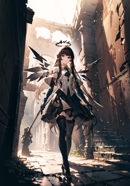 1girl, solo, Arturia, 
BREAK long_hair,  bangs, skirt, medium_breasts, black_hair, very_long_hair, light_smile, closed_mouth, 
BREAK black_footwear, high_heels, ascot, capelet, halo, white_capelet,  very long hair, (black wings:1.3), ((detached wings)), black eyes, wings, black_gloves, (elbow_gloves), black_thighhighs, blunt_bangs, black_skirt, lace-trimmed legwear, 
BREAK walking, looking_away,
BREAK outdoors, (ruins), foreground_bushes, trees, bushes, stone_floor, sunshine, (tyndall_effect), 
((masterpiece)), (highres), (best_quality), (highly_detailed),  (original),(Delicate background),(extremely detailed 8K wallpaper),cinematic lighting, volume lighting, light particles, shaded_face, beautiful_detailed_eyes, depth_of_field, perspective,<lora:阿尔图罗Arturia:0.8:lbw=char>,<lora:PrivateLoRA:0.8>