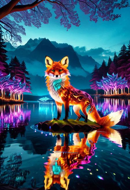 masterpiece, absurdres, newest awa, detailed, beautiful, amazing quality, majestic fox standing on a luminous, glassy lake under a twilight sky. Its fur is interwoven with flowing, morphing LED patterns that shift between vibrant cyan, magenta, and gold. 