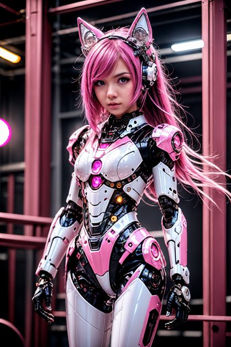 <lora:AgainCyberpunkArmor:0.8>,1girl, long hair, solo, pink hair, pink eyes, upper body, very long hair, looking at viewer, standing, animal ears, breasts, mechanical arms, science fiction, cyborg, necktie, chibi,