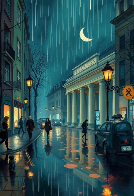 A rainy Berlin street at night
whimsical surrealism, ethereal fantasy, dreamlike atmosphere, delicate linework, flowing forms, vibrant yet soft color palette, imaginative characters, painterly textures, storybook charm, fantastical elements, emotional undertones, art nouveau influence