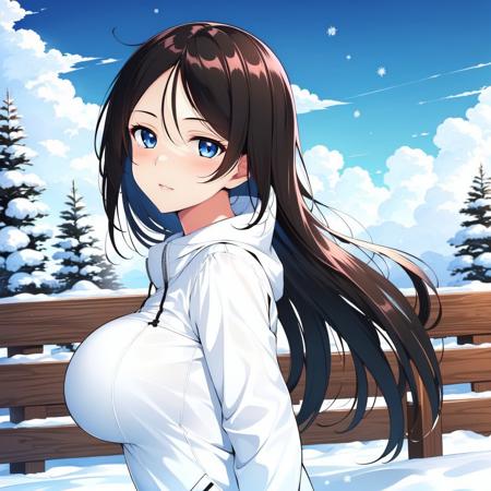 best quality, masterpiece, 1girl, nonna, black hair, long hair, blue eyes, large breast, from side, white jacket, snow, outdoors <lora:nonna-18:0.9>