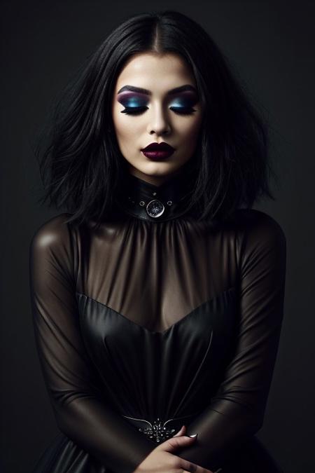 The image is a high-resolution photograph of a person with an ethereal, surreal aesthetic. The subject is a woman with a striking, statuesque appearance, her face and body draped in a dark, almost black, high-fashion ensemble. She has her eyes closed, giving an impression of serenity or contemplation. Her makeup is dramatic, with dark, matte lipstick and eyeshadow that matches the dark tones of her attire.