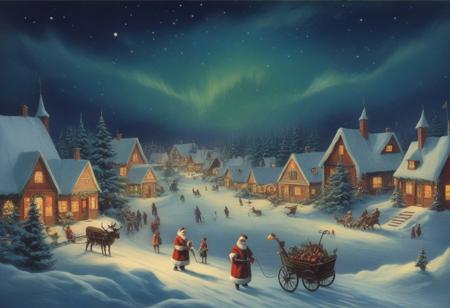 vintage painting of a christmas village at the north pole, aurora in sky, christmas night, celebration, santa in sky, santa is leaving on christmas night, christmas land,