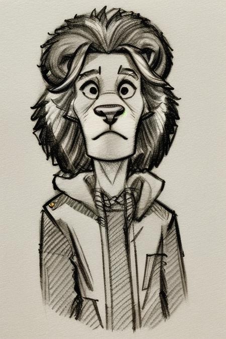 <lora:Sketchy:1> sketchy style, anthropomorphic animal, lion, wearing baggy clothing