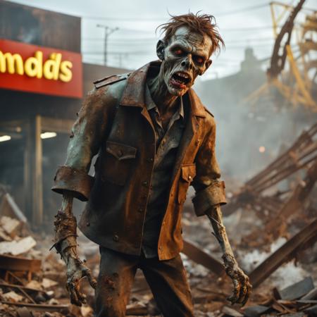 cinematic captivating photo of zombie called Leon at mcDonalds made of las040 rubble, logo in background, rusted metal pipes, wires, broken glass, bokeh, wide angle shot tilted off center, 4k, uhd, low light, foggy, sun rays,