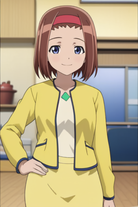 1girl, brown hair, hairband, solo, short hair, jewelry, jeans, pants, white shirt, yellow jacket