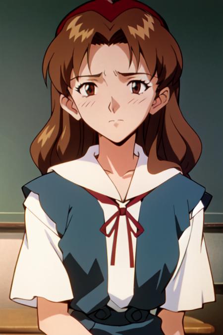 1girl, portrait, solo, long hair, red hair, curly hair, closed mouth, tokyo-3 middle school uniform, classroom, evangelion anime style, <lora:tokyo-3_middle_school_uniform_v102-000008:1>  <lora:evangelion_anime_style_offset:1>