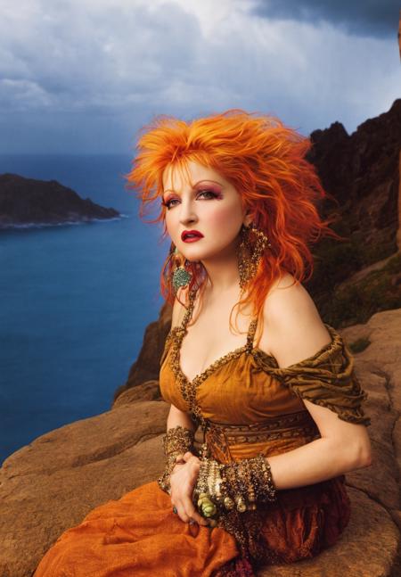 cyndi lauper 1980s, (sharp focus:1.2), photo, attractive young woman, (beautiful face:1.1), detailed eyes, luscious lips, (smokey eye makeup:0.85), (medium breasts:1.0), (athletic body:1.2), (wavy hair:1.2), wearing (maxi dress:1.2) on a (cliffside:1.2). (moody lighting:1.2), depth of field, bokeh, 4K, HDR. by (James C. Christensen:1.2|Jeremy Lipking:1.1).