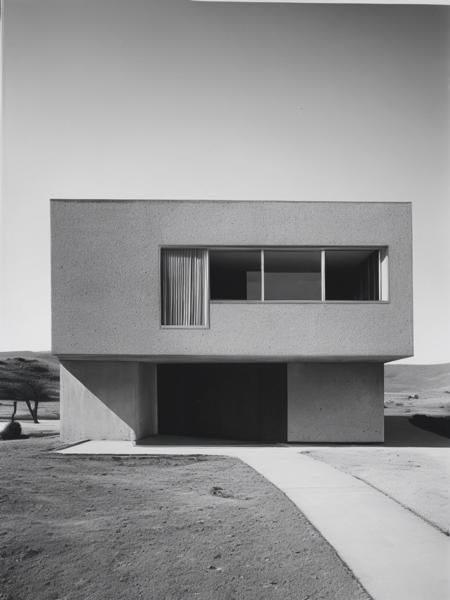 <lyco:RobertAdams:1.0> old black and white photo circa 1950 of a small windowless very roughly pored concrete home in the minimalist Brutalist style of architecture shaped like a car engine part in a suburban landscape.