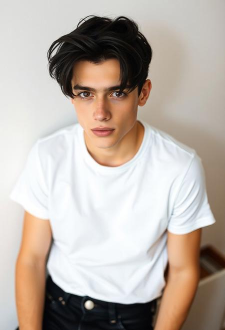 a beautiful 20 years old caucasian androgynous man, pale skin, black hair in medium shaggy cut haircut, brown eyes, thin, body with no visible muscles, natural beautiful face, white t-shirt, black jeans, looking at viewer