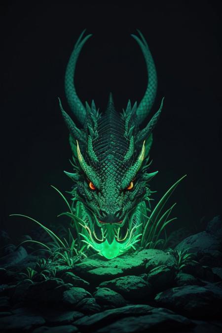 Asian dragon , green, red, gold snake gradient vibrant neon colour, rough, textural, broad brush strokes, red color prominent detailed, alienzkin, silhouette, spotlight, dark theme, c4d, blender, raytracing, unreal engine 5, render 3d