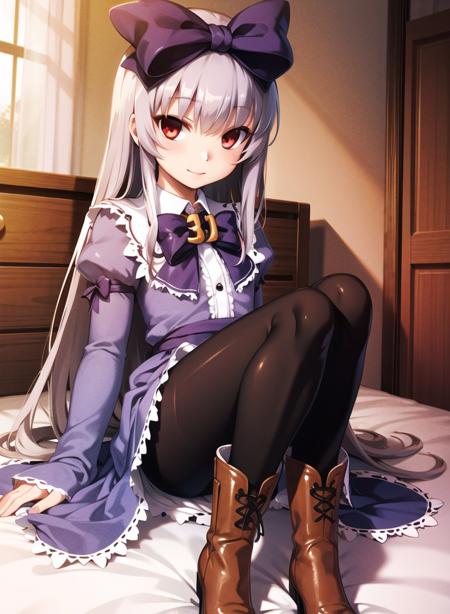 1girl,masterclass,best quality, illustration, full_body,31tanDefault, black_pantyhose,  petite, bow, bowtie, hair_bow, juliet_sleeves,  lolita_fashion, long_sleeves,  puffy_sleeves, purple_bow, purple_dress, sitting,   brooch, numbered, purple_bowtie, frilled_dress, smile,blunt_bangs,hime_cut, indoor, on_bed,  cross-laced_footwear,brown_footwear, knee_boots,<lora:31tanD8V1_e6:1>