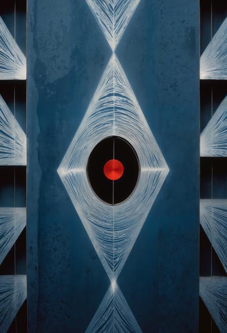 A cryptic collage of ixes on a wall. A small piece stands out, its eyes glowing faintly in an ominous pattern, and there are sharp edges connecting it to the other side through the center's glass window. This image is made up entirely by the white lines that represent X and Y, with each individual line being etched into a dark blue background - reds, Film grain, cinematic film still, highly detailed, highly contrasted, dynamic pose, high budget, sharp focus, cinemascope, gorgeous, 2000s vintage RAW photo, photorealistic, color graded cinematic, natural, extreme quality
